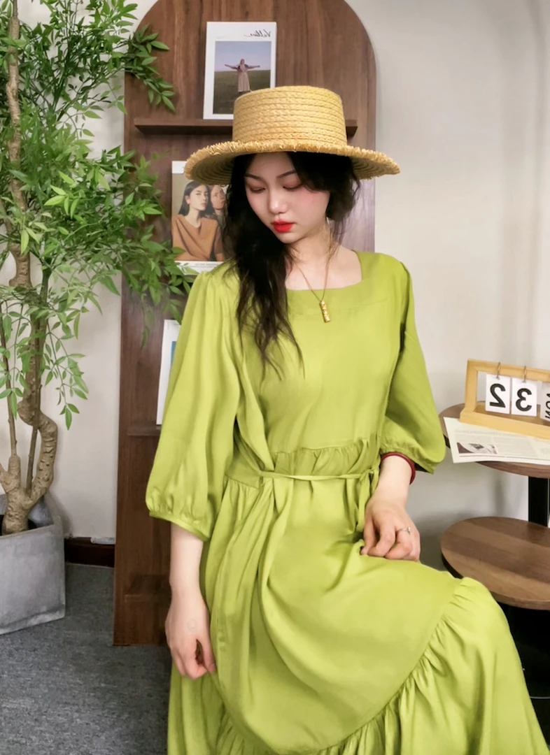 蛋糕裙棉绸连衣裙-60织女纯色显瘦百搭长款温柔甜美中袖夏季2