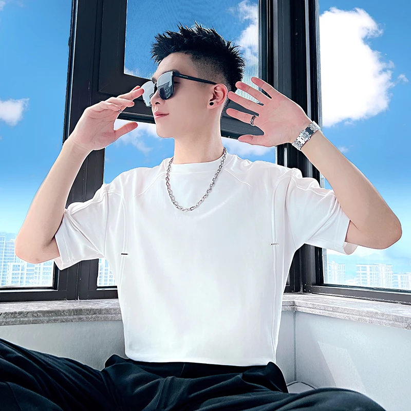 设计感金属扣T恤夏季潮牌圆领男生短袖体恤2025新款痞帅时尚上衣