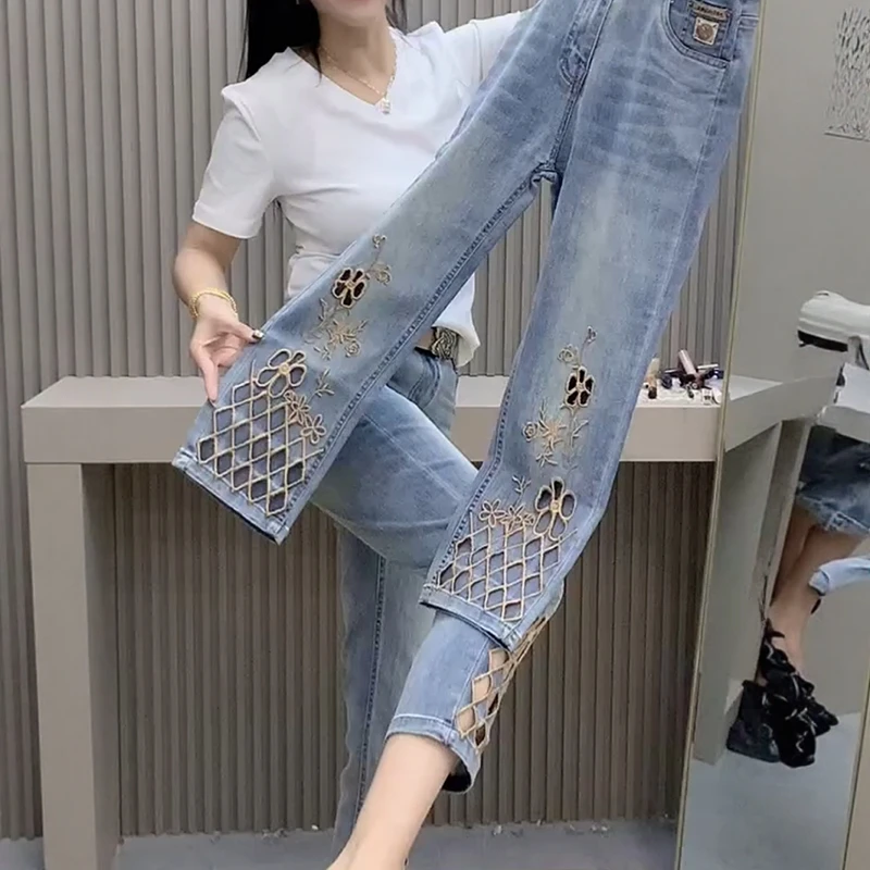 大码女装镂空窄版百搭直筒裤子2025夏季新款高腰显瘦八分烟管裤女