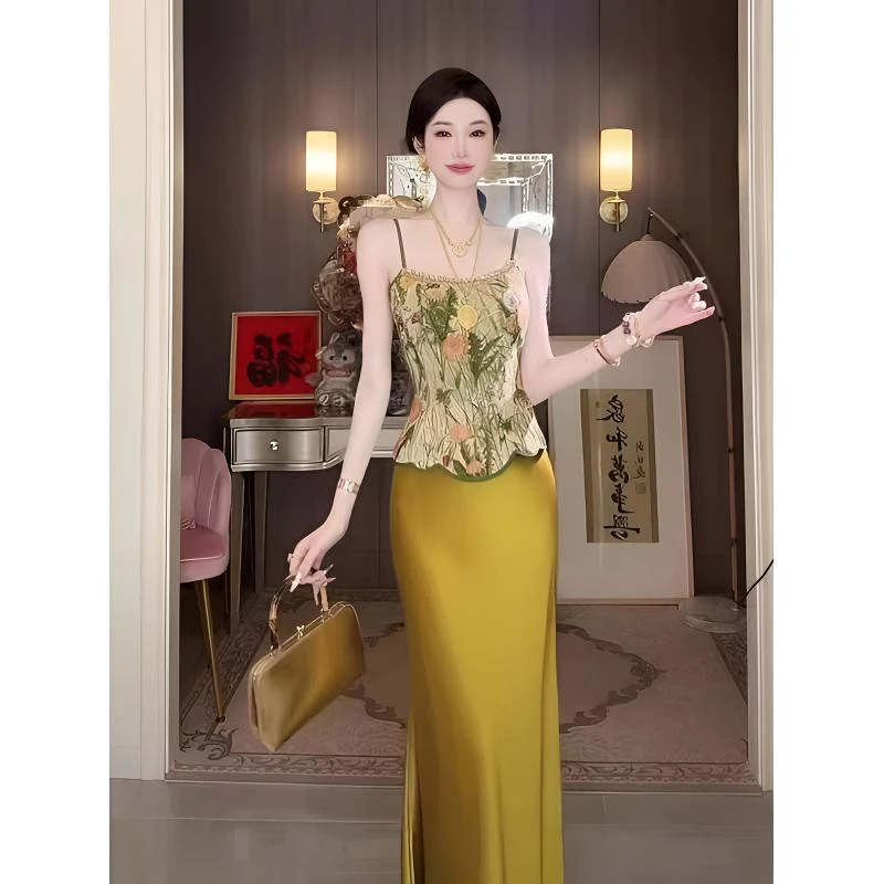 2025套装新中式国风复古印花背心吊带上衣高腰半身裙气质两件套