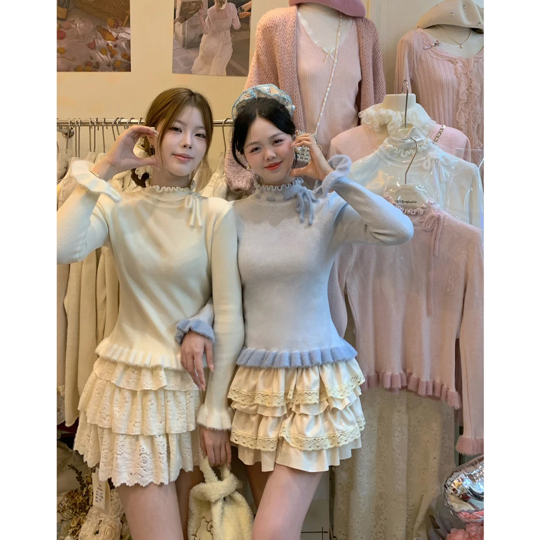半高领蓝色毛衣内搭打底衫女秋冬季2025新款高级感木耳边针织上衣