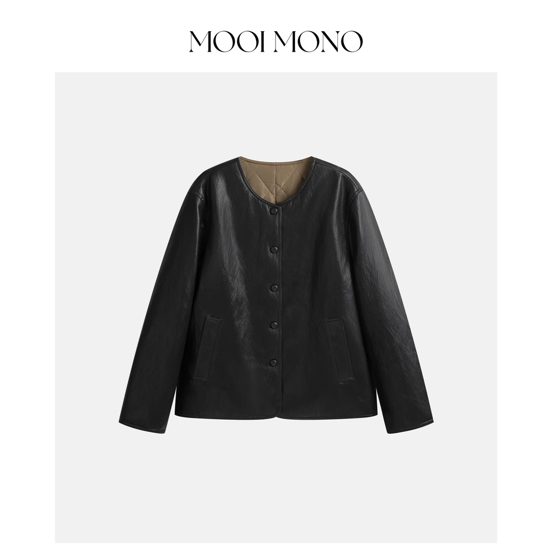MOOI MONO"奥本暮色"显瘦气质圆领单排扣撞色PU皮棉服 W222Z54