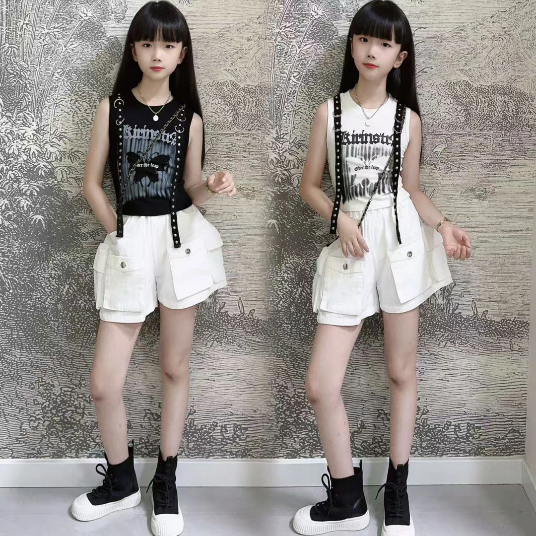 女童潮酷背心外穿套装洋气夏装儿童无袖上衣短款时髦工装短裤