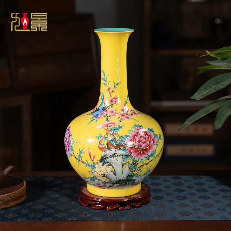 黄地扒花锦上添花赏瓶景德镇陶瓷花瓶中式客厅办公室高档装饰摆件