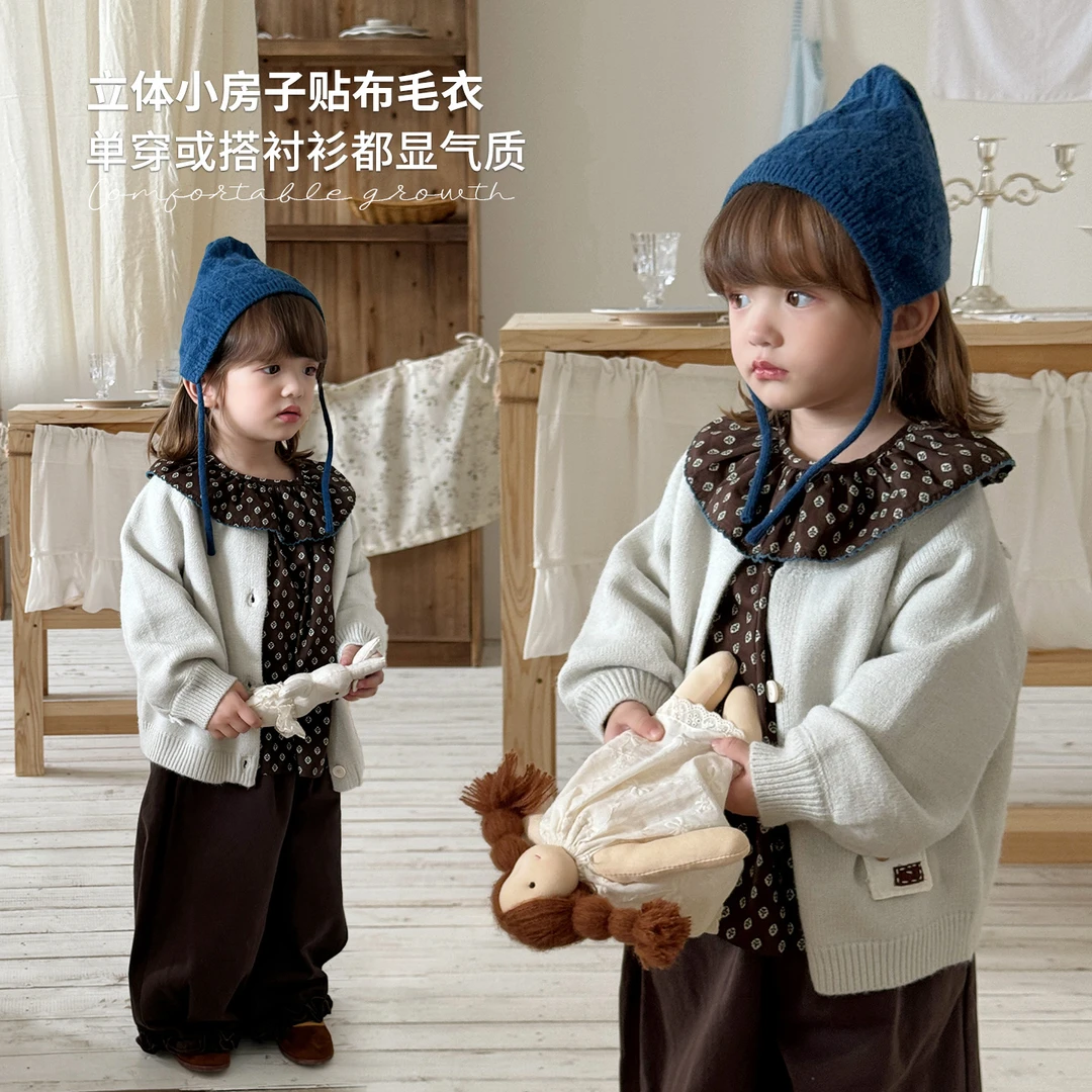 PAPA~韩系25秋立体小房子贴布女童毛衣开衫-93017