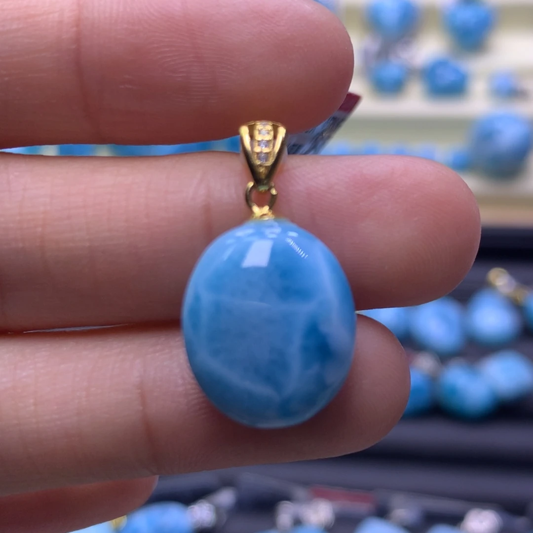 针钠钙石（海纹石）银S925镶嵌吊坠(不含链)蛋面吊坠色差略异