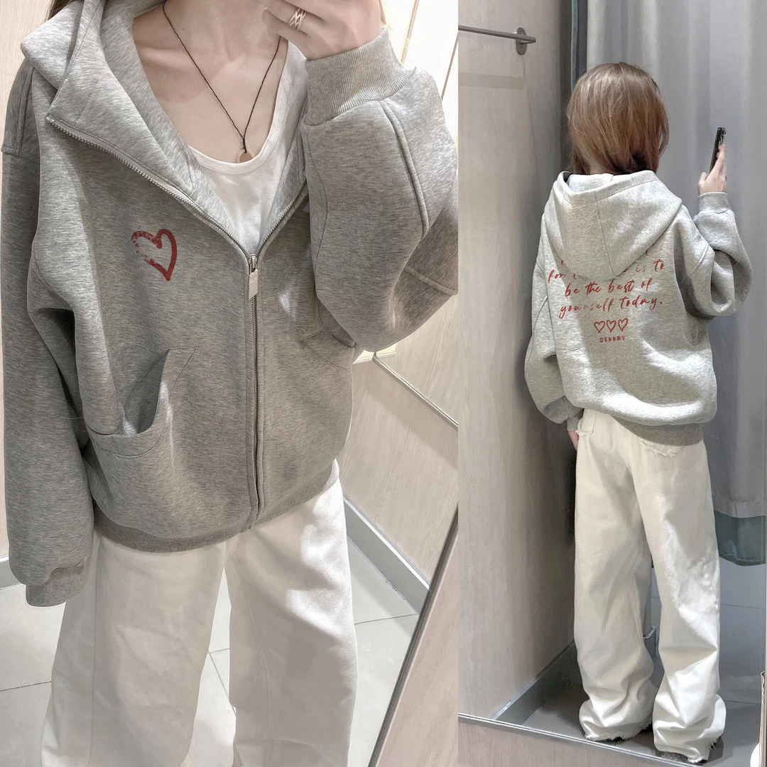 美式高街设计感字母印花开衫连帽卫衣男女秋冬季潮流情侣拉链外套