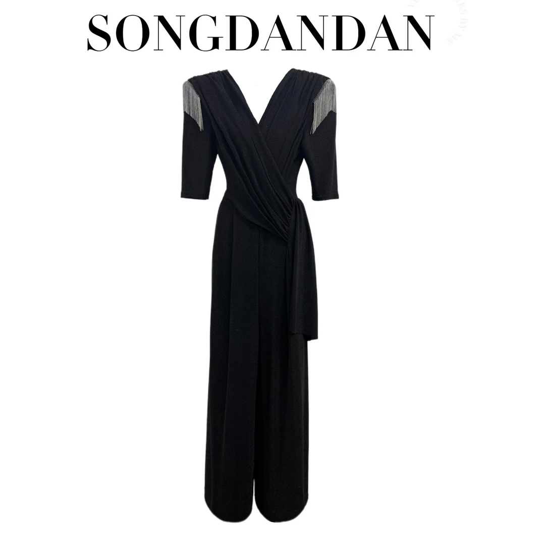 【DDS】气质肩部流苏闪闪琉璃不规则侧飘带显瘦显高连体裤黑色长款