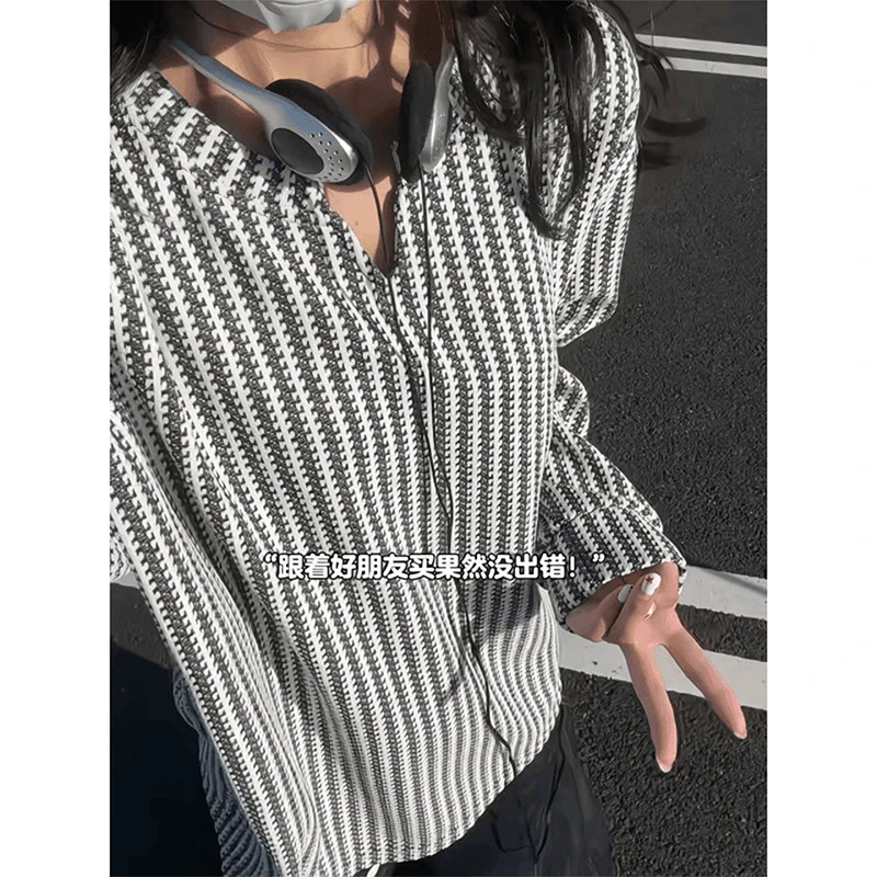 千鸟格条纹v领长袖t恤男秋季高级感美式复古小香风卫衣情侣打底衫