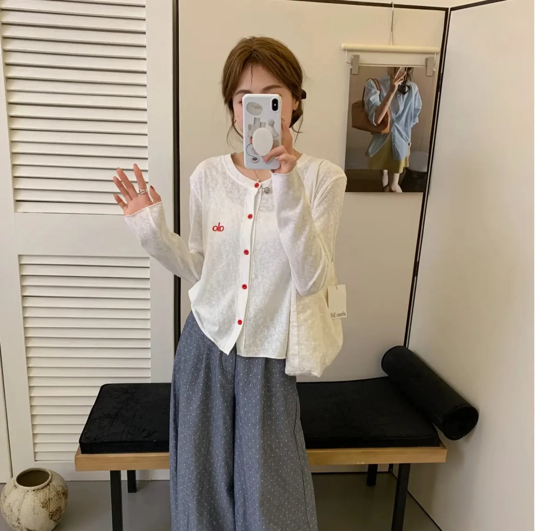 韩系刺绣针织防晒空调衫女百搭开衫宽松舒适显瘦简约通勤上衣A625