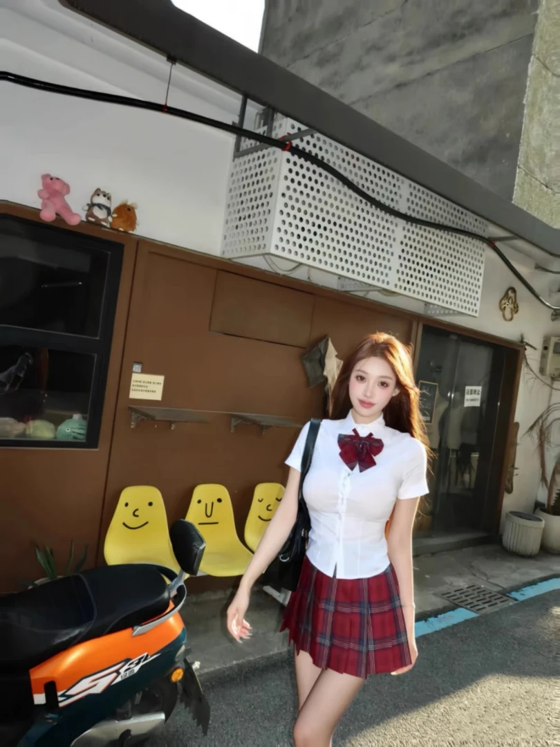 原创玄JK制服百褶裙女学院风校供感高腰半身裙格子裙收腰衬衫套装