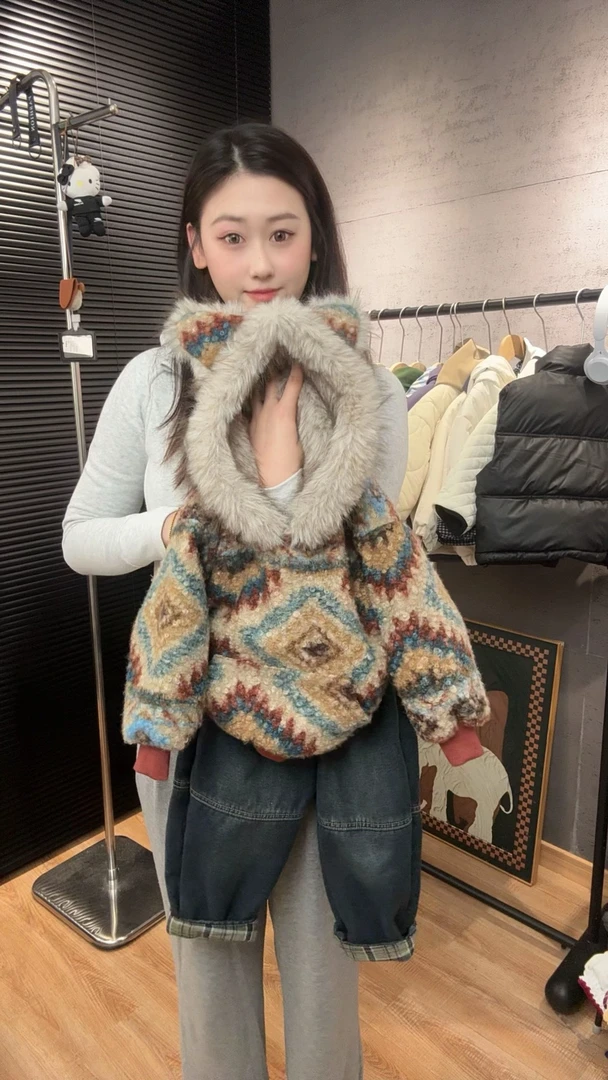 WY032025冬季新款费尔岛风格连帽加绒卫衣慵懒宽松宝宝上衣男女童