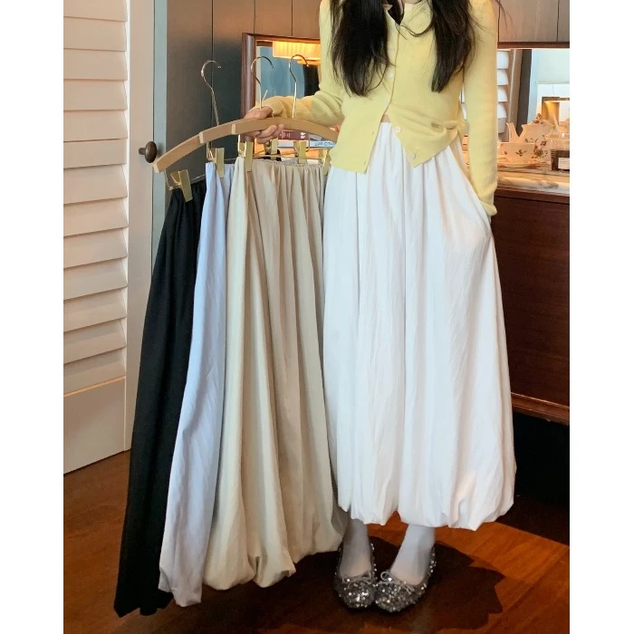 简约百搭松紧腰花苞裙半身裙女夏季新款纯色休闲A字裙百搭蓬蓬裙