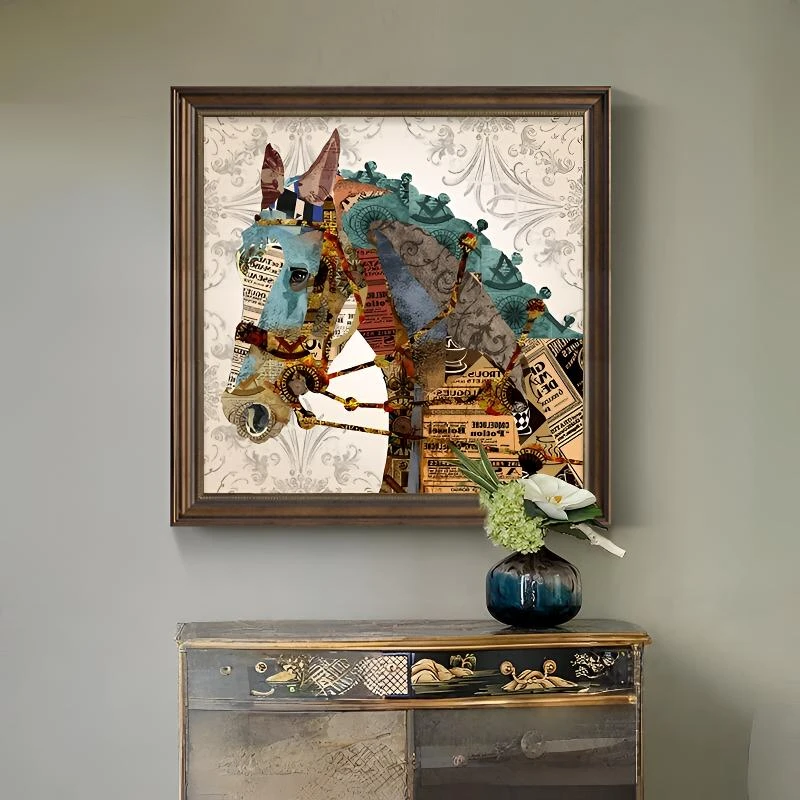 马到成功挂画入户玄关装饰画美式餐厅复古油画走廊过道壁画高级感