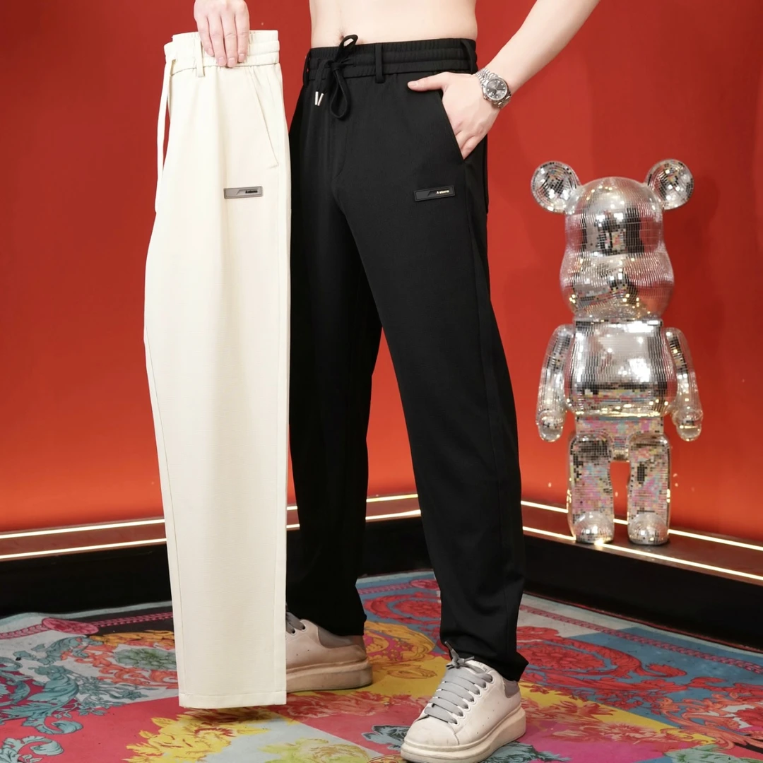 新款男士抽绳松紧腰长裤春夏休闲裤直筒时尚百搭潮流轻奢