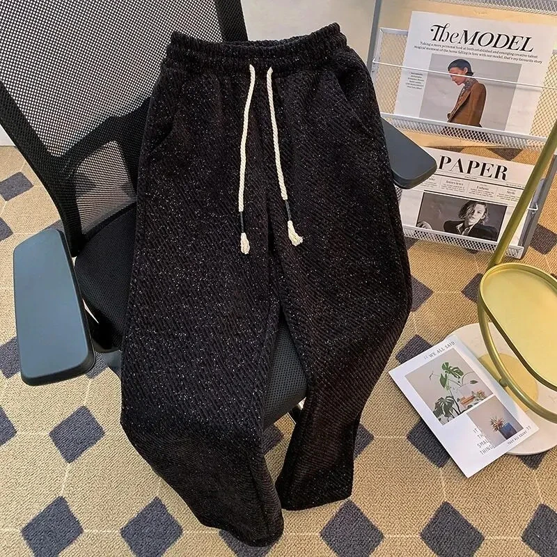 黑色银丝条纹小香风裤子男秋冬款重磅加绒卫裤宽松直筒弯刀休闲裤