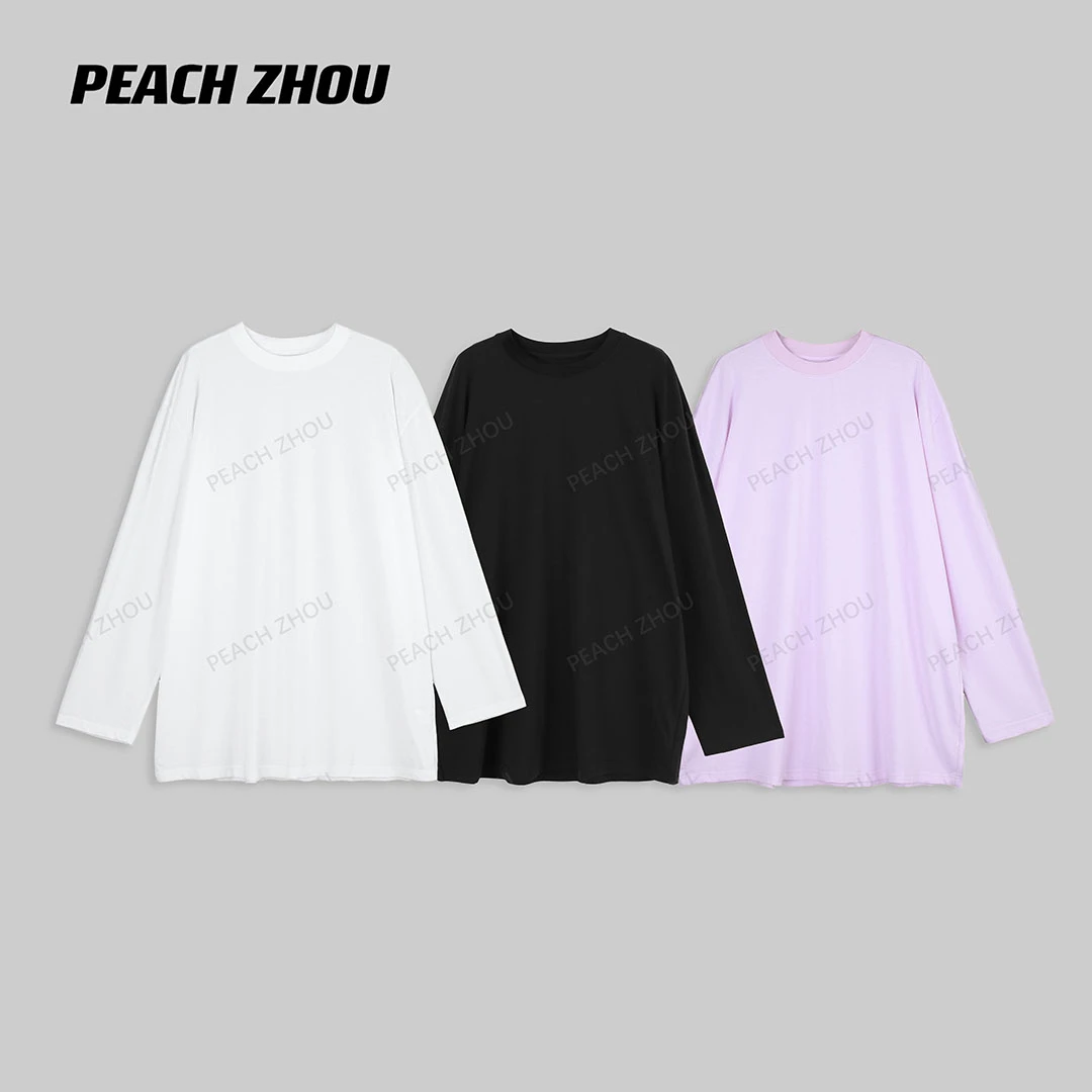『PEACHZHOU』徽标刺绣阔版宽松圆领长袖休闲纯色慵懒松弛中性T恤