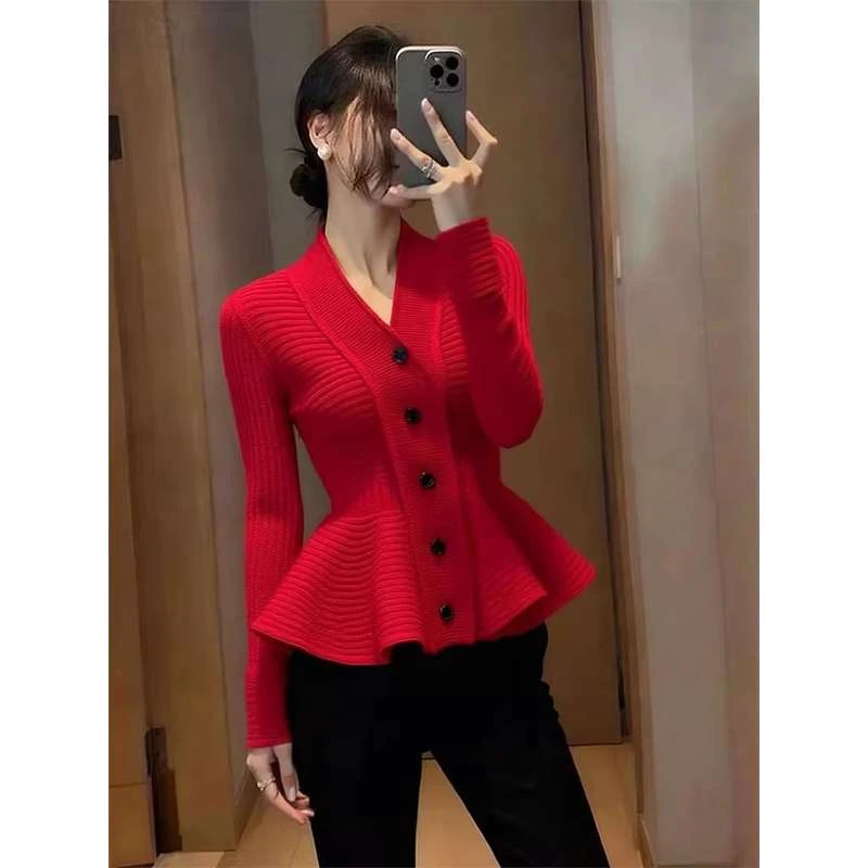 红色针织衫2025秋季气质名媛巨好看时髦洋女士秋冬红色露肩针织衫