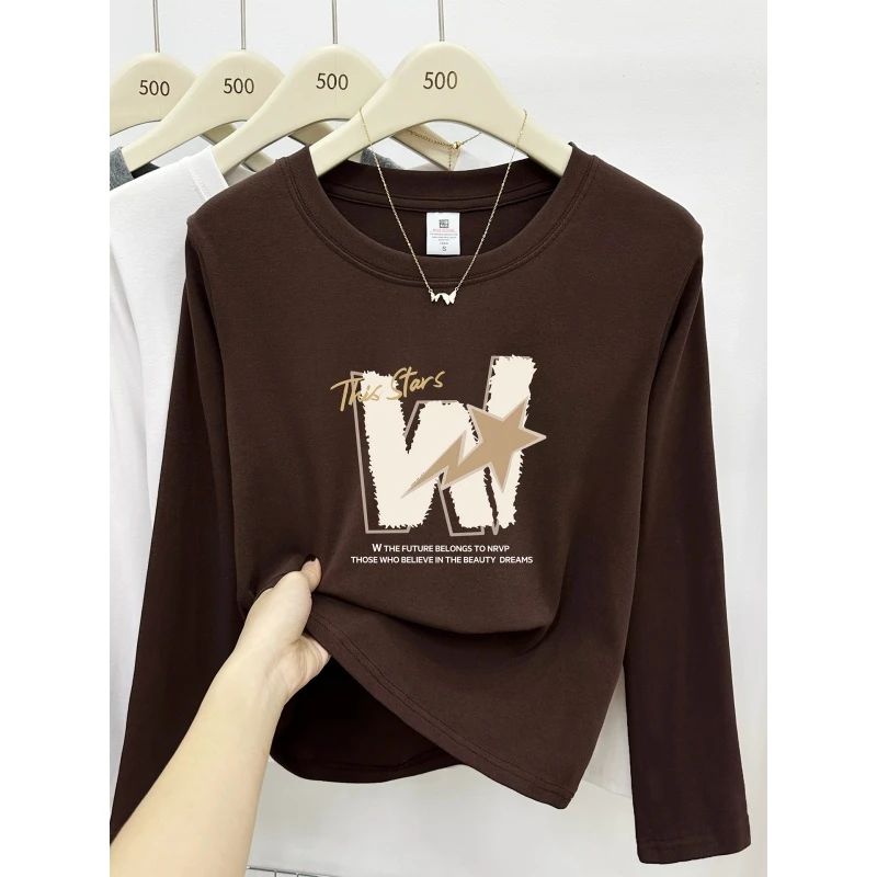 胖mm大码正肩长袖t恤女秋冬季打底衫时尚设计感字母印花外穿上衣