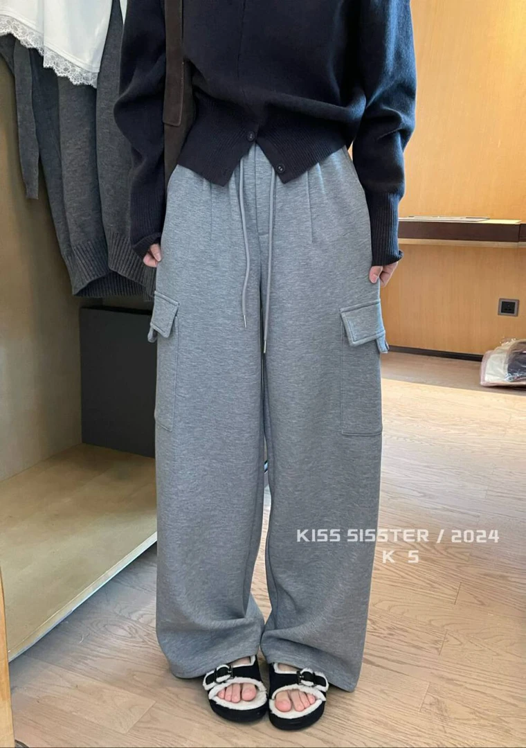 韩版慵懒松弛宽松加绒保暖百搭高腰抽绳纯色工装裤