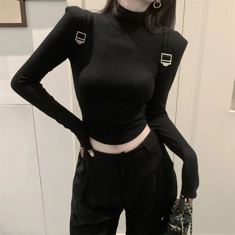 背带式设计长袖T恤女秋冬加厚加绒半高领内搭打底衫修身短款上衣