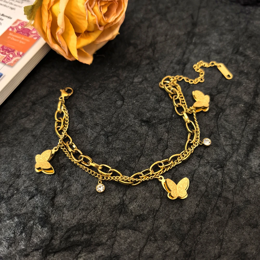 钛钢手链 【T619】太钢双层磨砂蝴蝶鋯手链