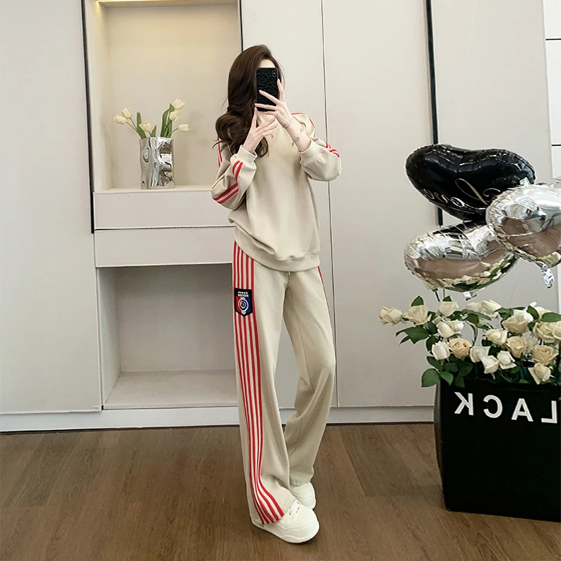 网红洋气条纹卫衣休闲运动套装女秋冬韩版松弛慵懒炸街显瘦外套潮