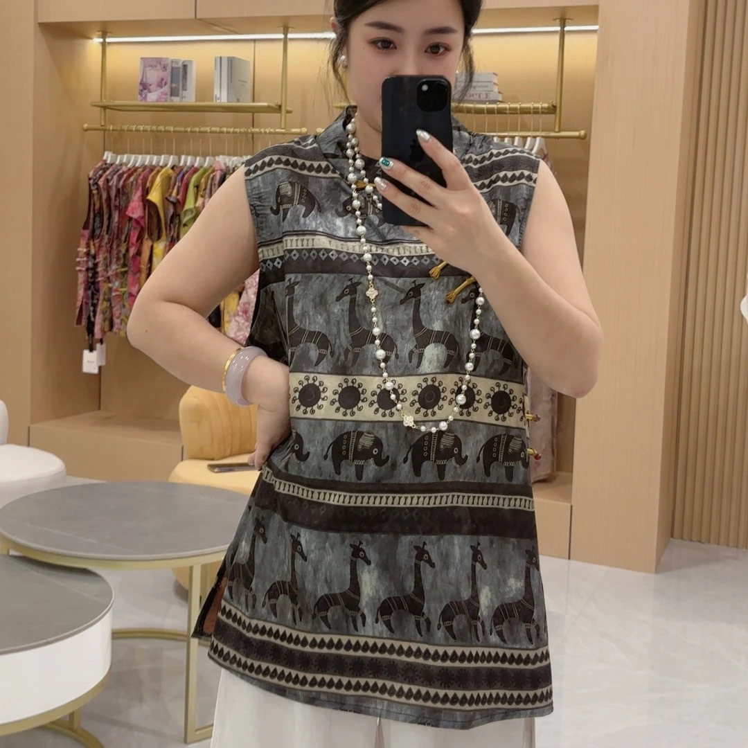 时尚民族风印花无袖T恤女夏季新款气质减龄薄款圆领背心上衣女