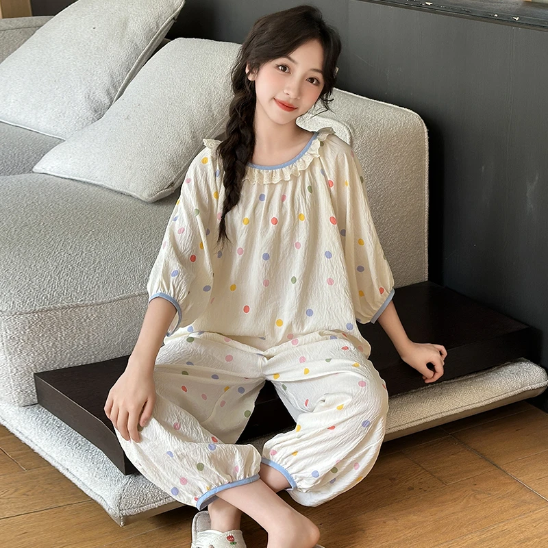 儿童甜美撞色波点睡衣女大童夏季薄款空调服套装女孩家居服亲子装
