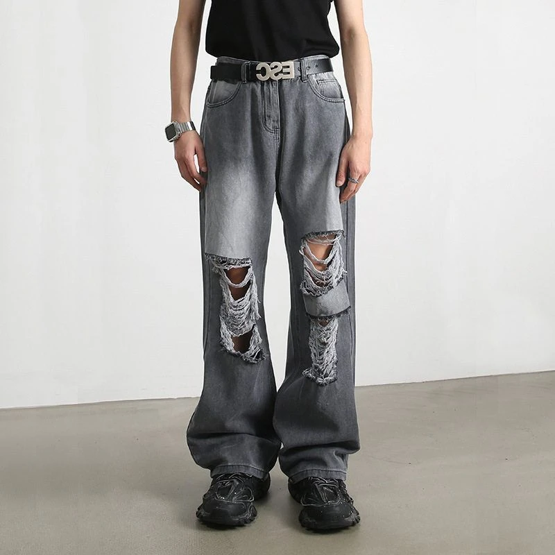 乞丐阔腿刮烂宽松坠感破洞牛仔裤裤拖地直筒复古港式撕破男