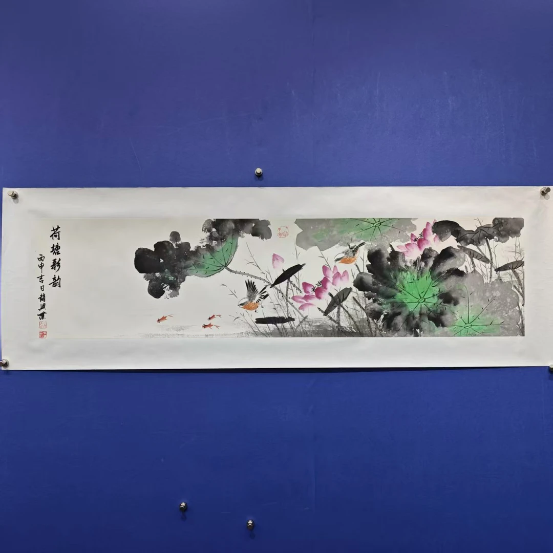 赵兴业《荷塘彩韵》四尺对开 托裱 136*34cm -天美