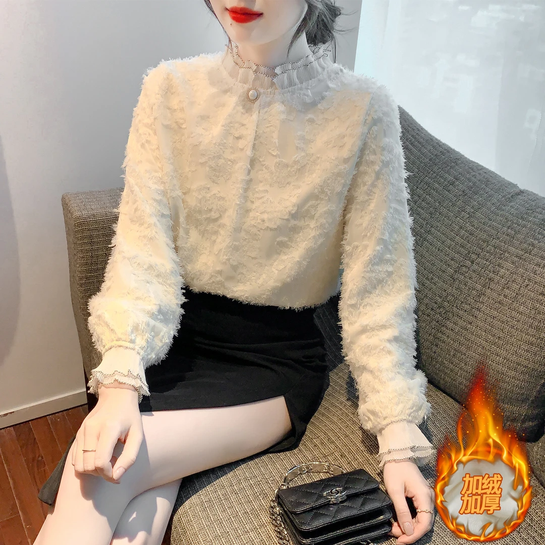 加绒加厚蕾丝打底小衫内搭女2025衬衫上衣时尚洋气秋冬通勤打底衫