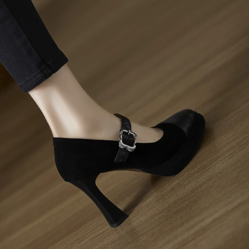 小个子增高10cm防水台高跟玛丽珍鞋2025新款一字扣带拼接浅口单鞋