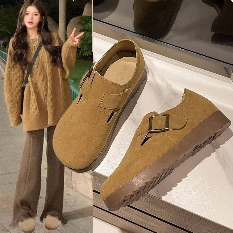 全包勃肯鞋女2025新款春秋季一脚蹬单鞋美拉德丑萌博肯豆豆鞋