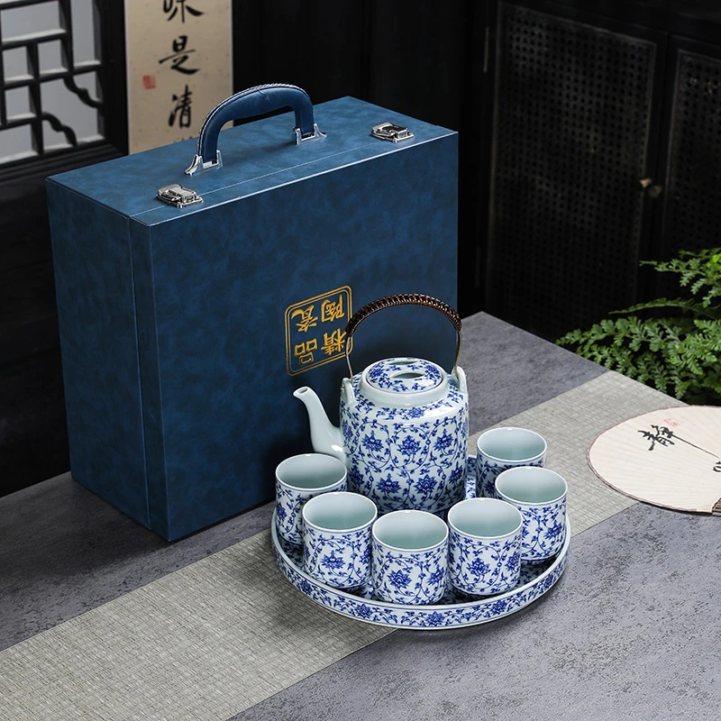 复古青花缠枝莲茶具套装大容量提梁壶整套陶瓷茶盘高档送礼盒装