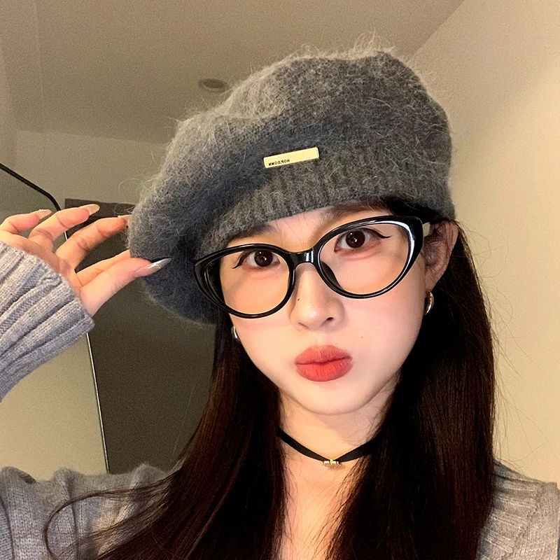 帽子女秋冬兔毛金属标云朵贝雷帽女复古英伦画家帽保暖针织毛线帽