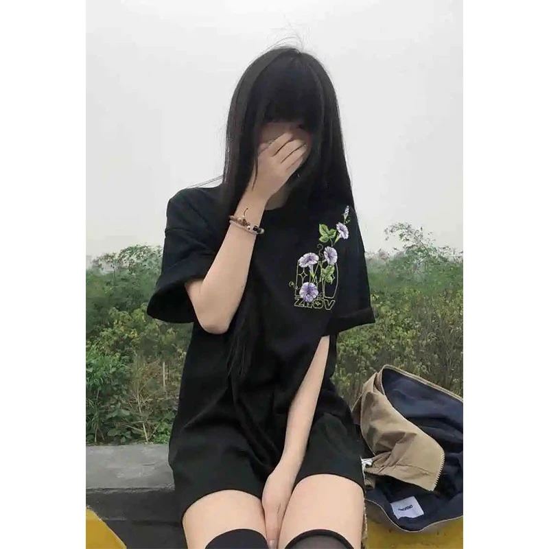 国潮牌【花卉刺绣】黑色短袖t恤女夏季2025新款美式高街宽松上衣