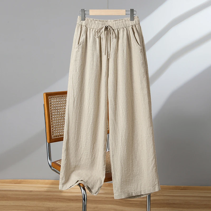 休闲棉麻阔腿裤女士2025春夏新款爆款妈妈裤子宽松直筒亚麻九分裤