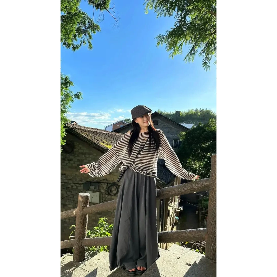 2025夏季慵懒风撞色条纹斜肩长袖T恤上衣夏季高腰垂坠感阔腿裤