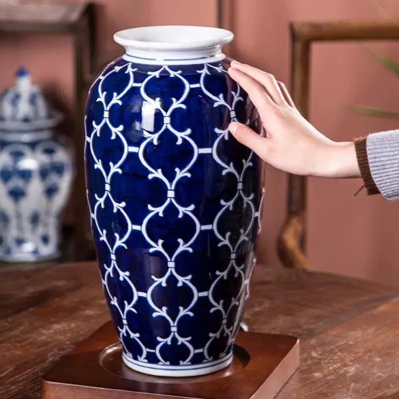 蓝底中式陶瓷花瓶可水培绿植鲜花 陶瓷花瓶摆件饰品 客厅摆件