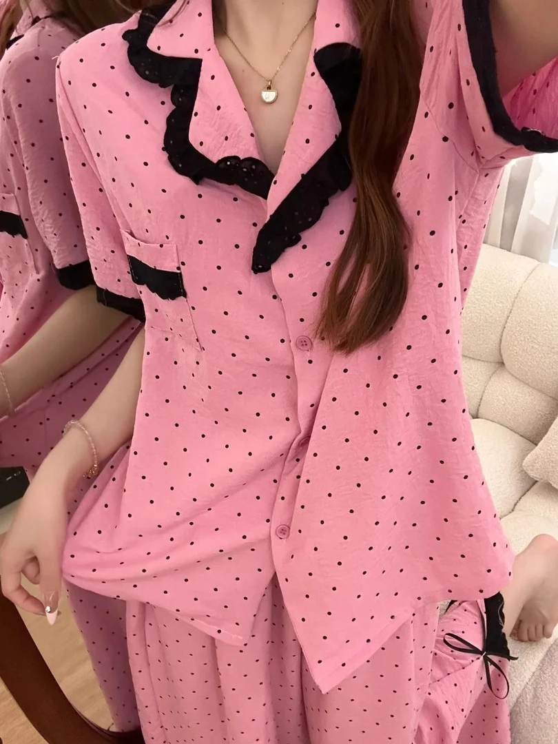 【粉色波点】网红蕾丝开叉云朵棉短袖睡衣女夏季新款套装外穿家居服
