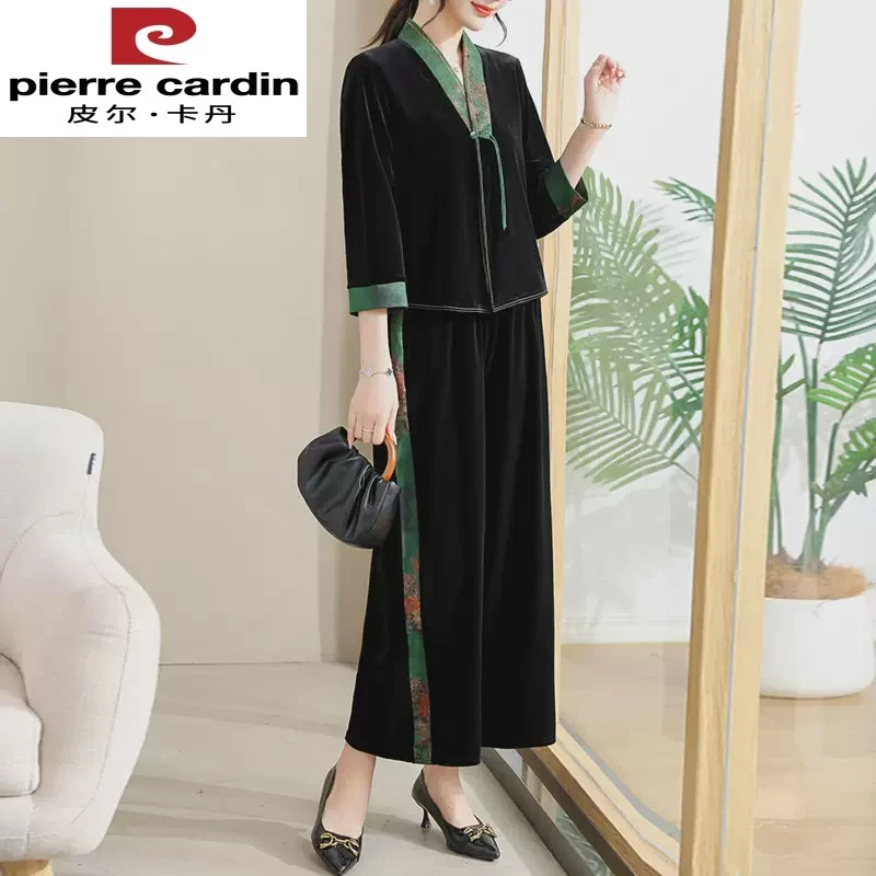 皮尔卡丹妈妈秋装洋气金丝绒运动两件套装2025新款中老年女春秋长