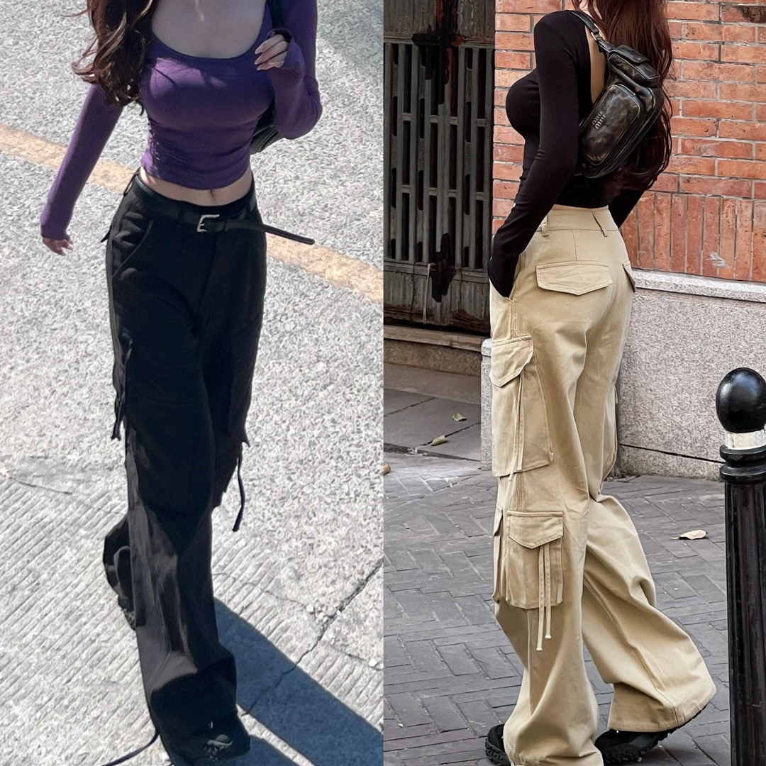 《美式复古》长腿酷妹 甜辣美式街头vibe工装微喇裤卡其工装裤#8507