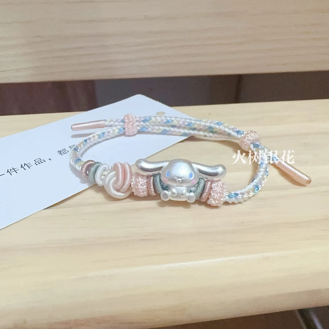 足银手链  纯银玉桂狗手绳少女心小清新编织纯银手链可爱闺蜜女友