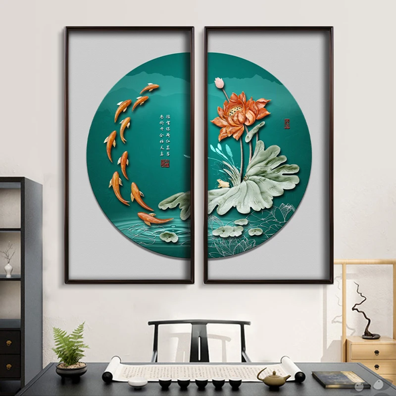 九头鸟手工玉雕画《九鱼祥荷》110×55×2