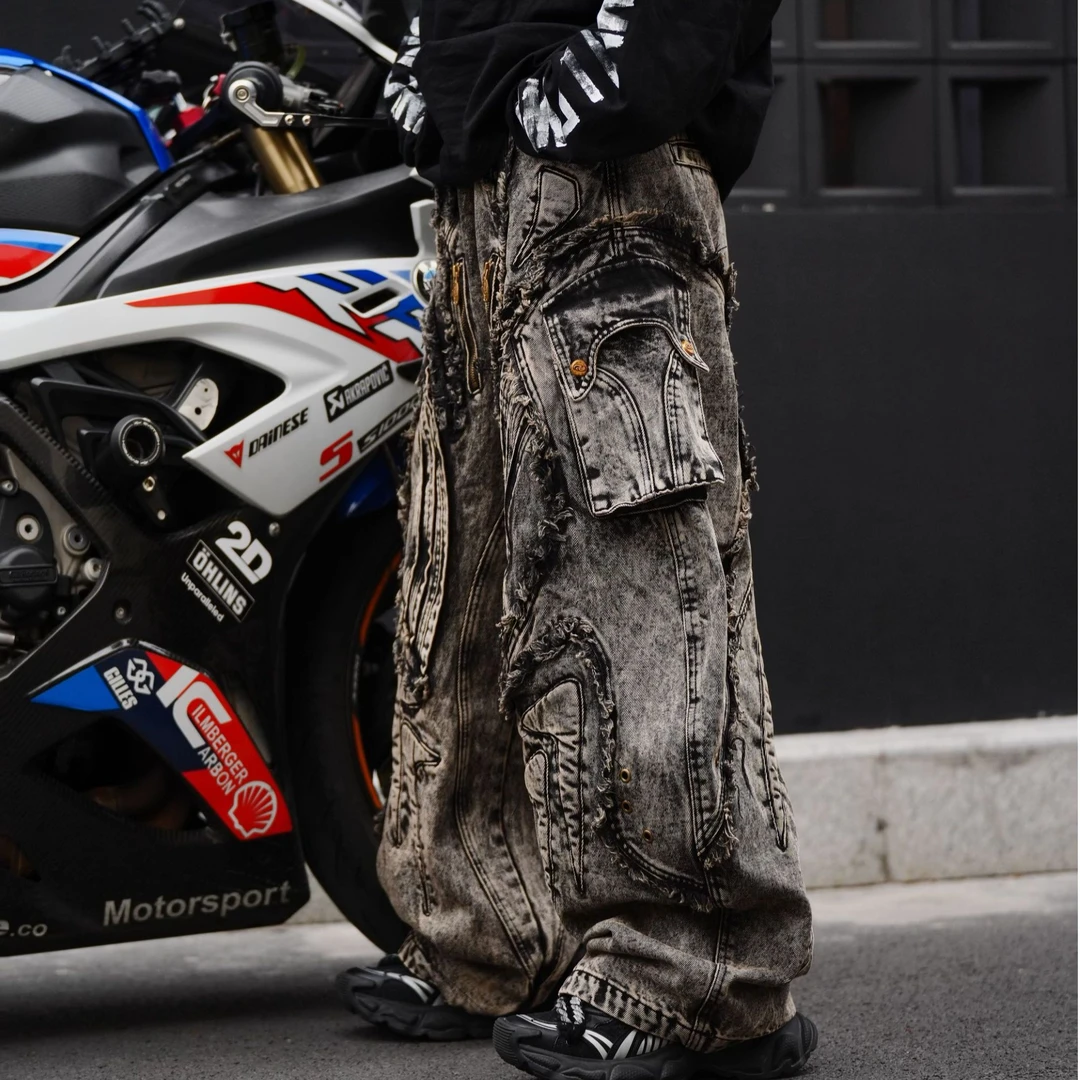 原创【重工机能】重磅电绣洗水做旧涂鸦牛仔拼接不规则男女款