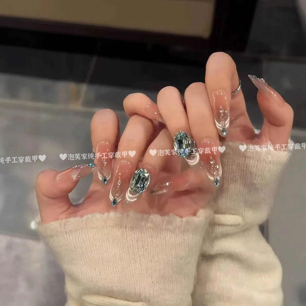 【星海】纯手工穿戴甲梦幻泪滴马眼微笑猫眼浅翠蓝鸽子蛋显白美甲