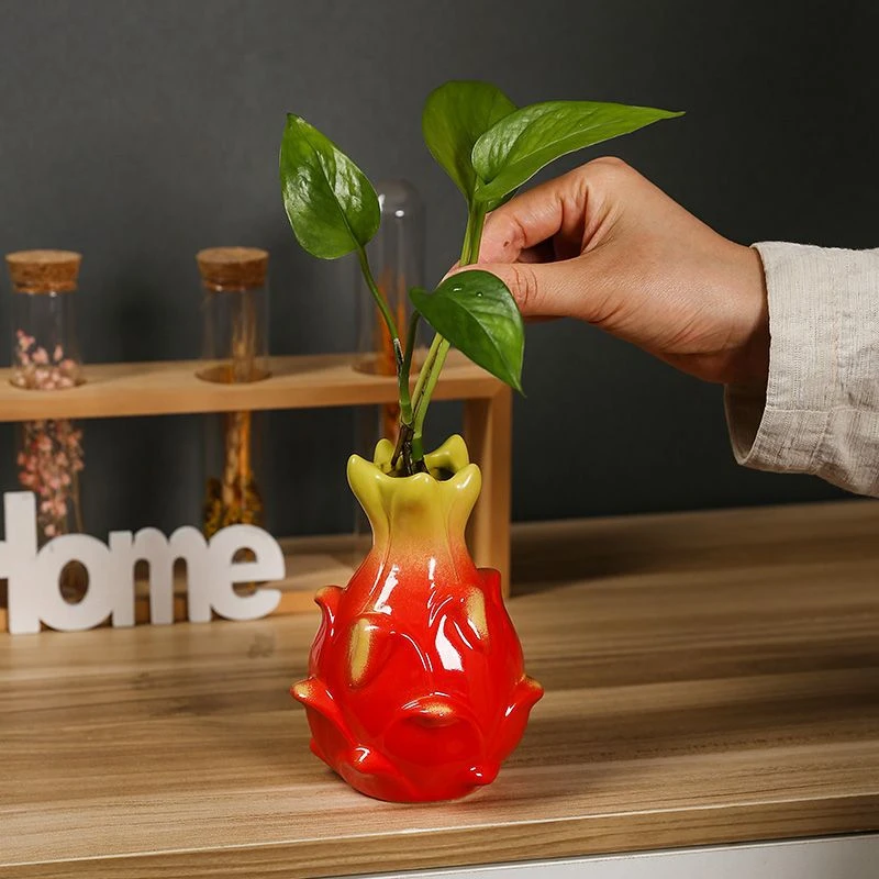 火龙果橘子绿植铜钱草绿萝仿真花花瓶客厅办公室桌面陶瓷水培花XY