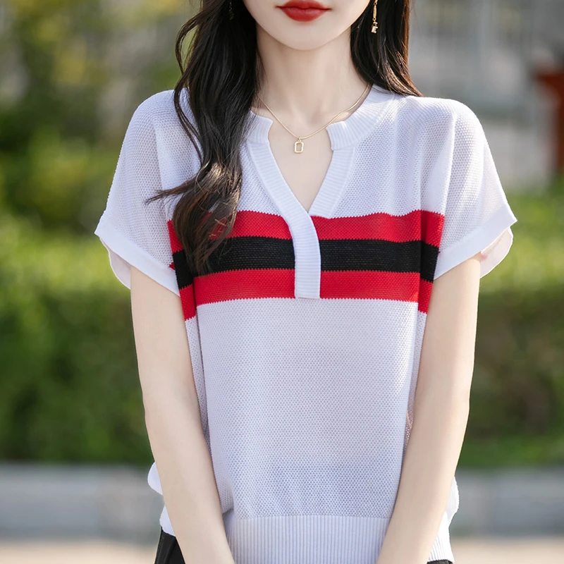 品牌2025夏季新款女条纹V领针织短袖T恤撞色薄款宽松显瘦时尚上衣