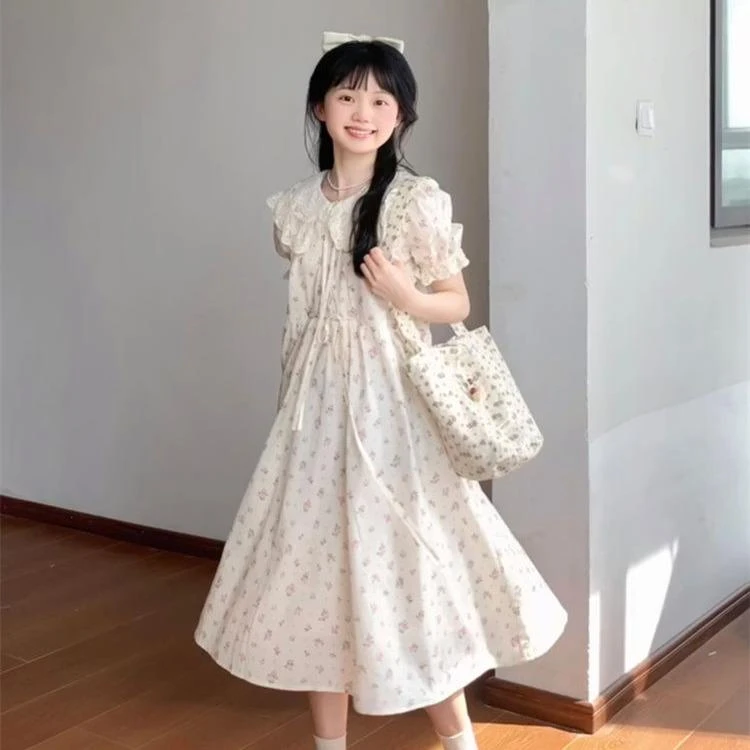 碎花连衣裙女大童夏装12-15岁初中学生13胖女孩蕾丝娃娃领中长裙